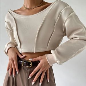 Beige cropped long sleeve sweat shirt wide neck